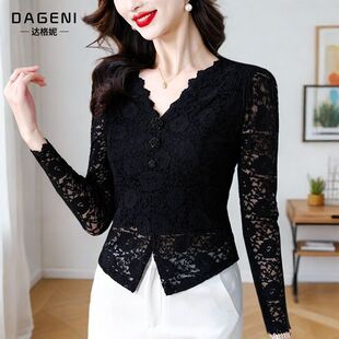蕾丝衫 显瘦内搭上衣洋气小衫 女2025秋季 修身 新款 V领气质镂空长袖