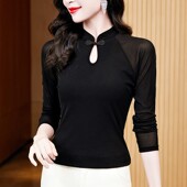 网纱长袖 黑色蕾丝打底衫 复古盘扣小衫 新款 t恤上衣 女内搭2026秋装