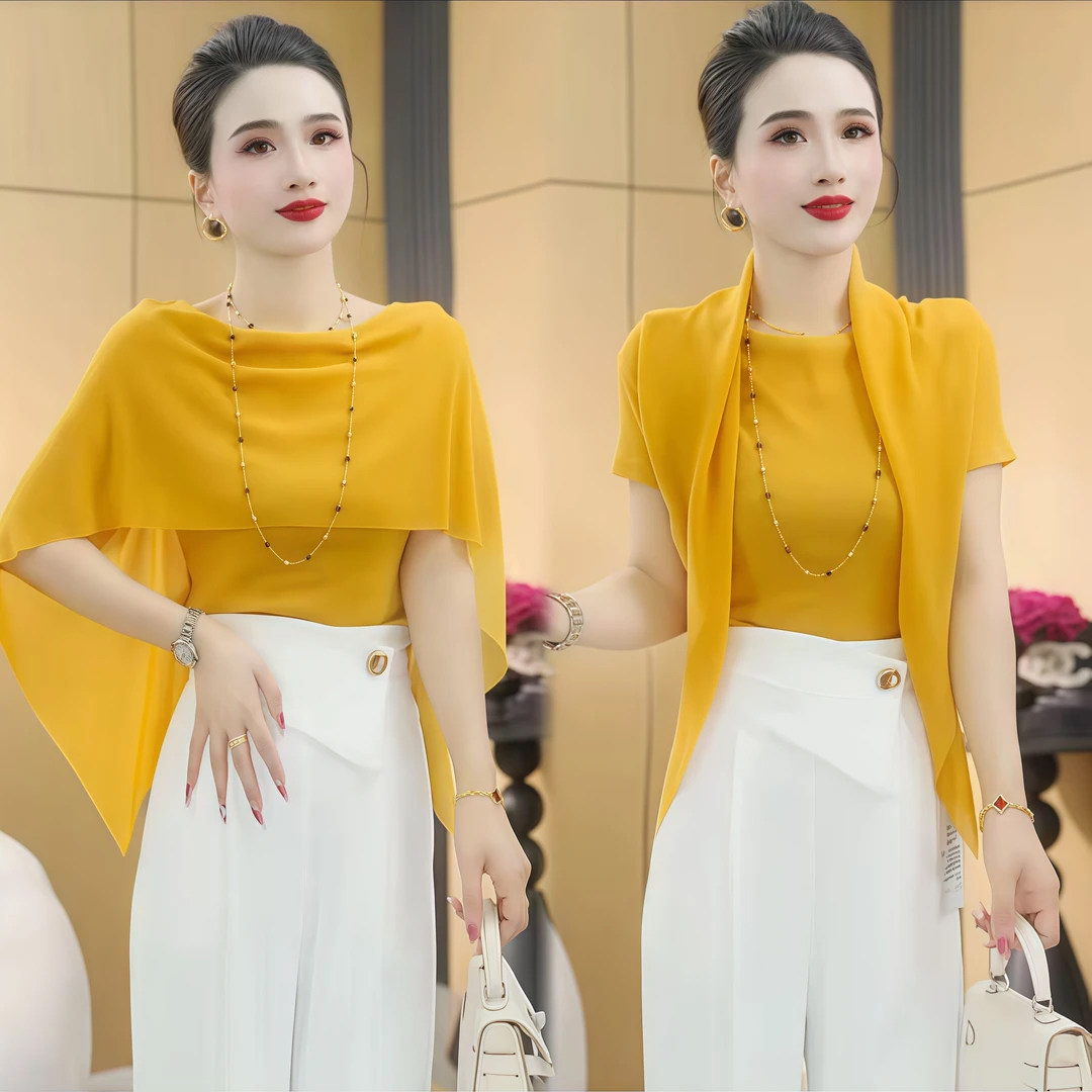 一衣三穿斗篷披肩短袖上衣女2026年夏季新款修身显瘦网纱打底衫