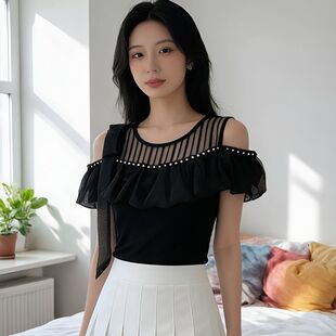 名媛风性感露肩上衣短袖T恤打底衫女款2026夏季新款别致漂亮小衫