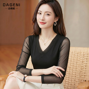 时尚百搭V领长袖T恤女2026年新款外穿网纱打底衫遮肉显瘦上衣