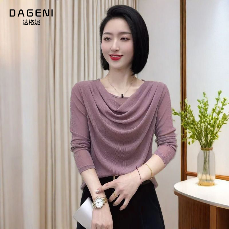 气质优雅网纱长袖t恤打底衫2025秋季女装时尚休闲百搭上衣小衫潮