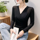 蕾丝小衫 黑色v领网纱打底衫 性感微透上衣修身 内搭2025春季 女长袖