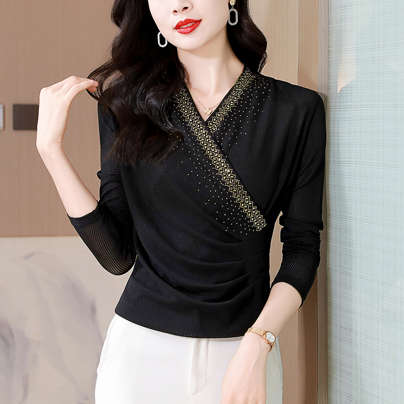 交叉领网纱长袖t恤女士2025新款