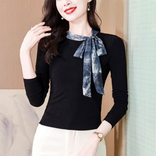 百搭设计感别致针织上衣 T恤女洋气小衫 春秋新款 显瘦遮肚系带长袖
