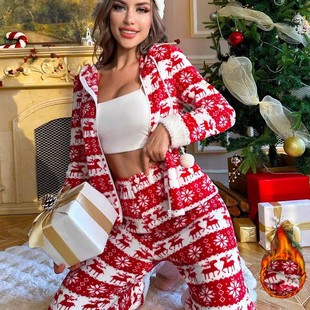海岛绒睡衣女士冬季新品欧美风圣诞麋鹿印花保暖软绵绵休闲家居服