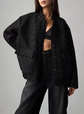 欧美新款时尚金丝亮片上衣立领宽松夹克外套 Sequin loose jacket