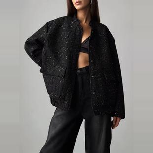 loose 欧美新款 Sequin 金丝亮片上衣立领宽松夹克外套 jacket 时尚