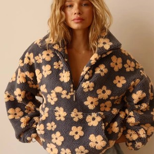 coat flower 欧美秋冬摇粒绒花朵外套保暖毛毛绒半拉链卫衣 Plush