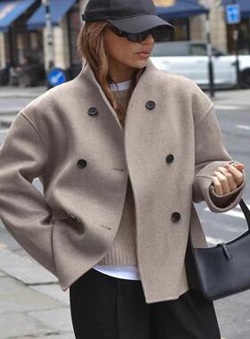 欧美新款女装宽松双排扣毛呢外套 Double breasted woolen jacket
