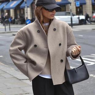 女装 woolen 宽松双排扣毛呢外套 breasted jacket Double 欧美新款