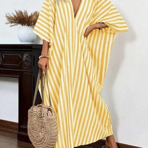 宽松休闲V领条纹长款连衣裙 Loose V-neck striped long Dress