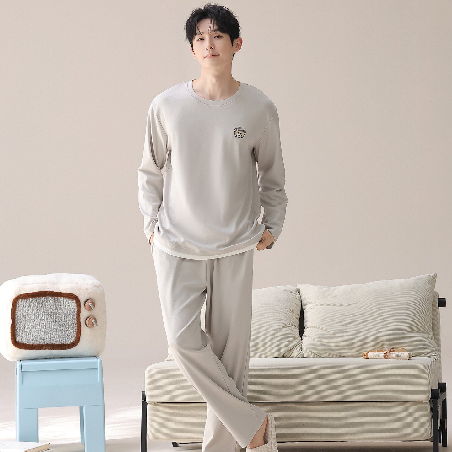 100%纯棉长袖长裤睡衣男韩版宽松简约休闲男式高档全棉家居服套装