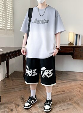 夏季新款休闲套装男生12-15岁初中学生夏天衣服短裤百搭上衣服男