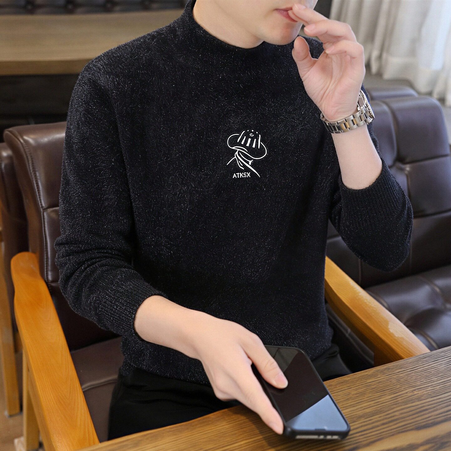 男士青年宽松加厚提花圆领毛衣秋冬新款纯色男装针织打底衫流行