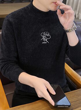 男士青年宽松加厚提花圆领毛衣秋冬新款纯色男装针织打底衫流行