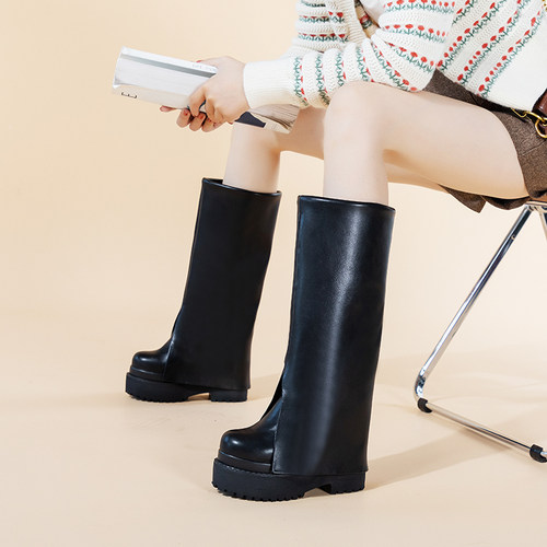 真皮骑士小个子内增高长靴裤管靴