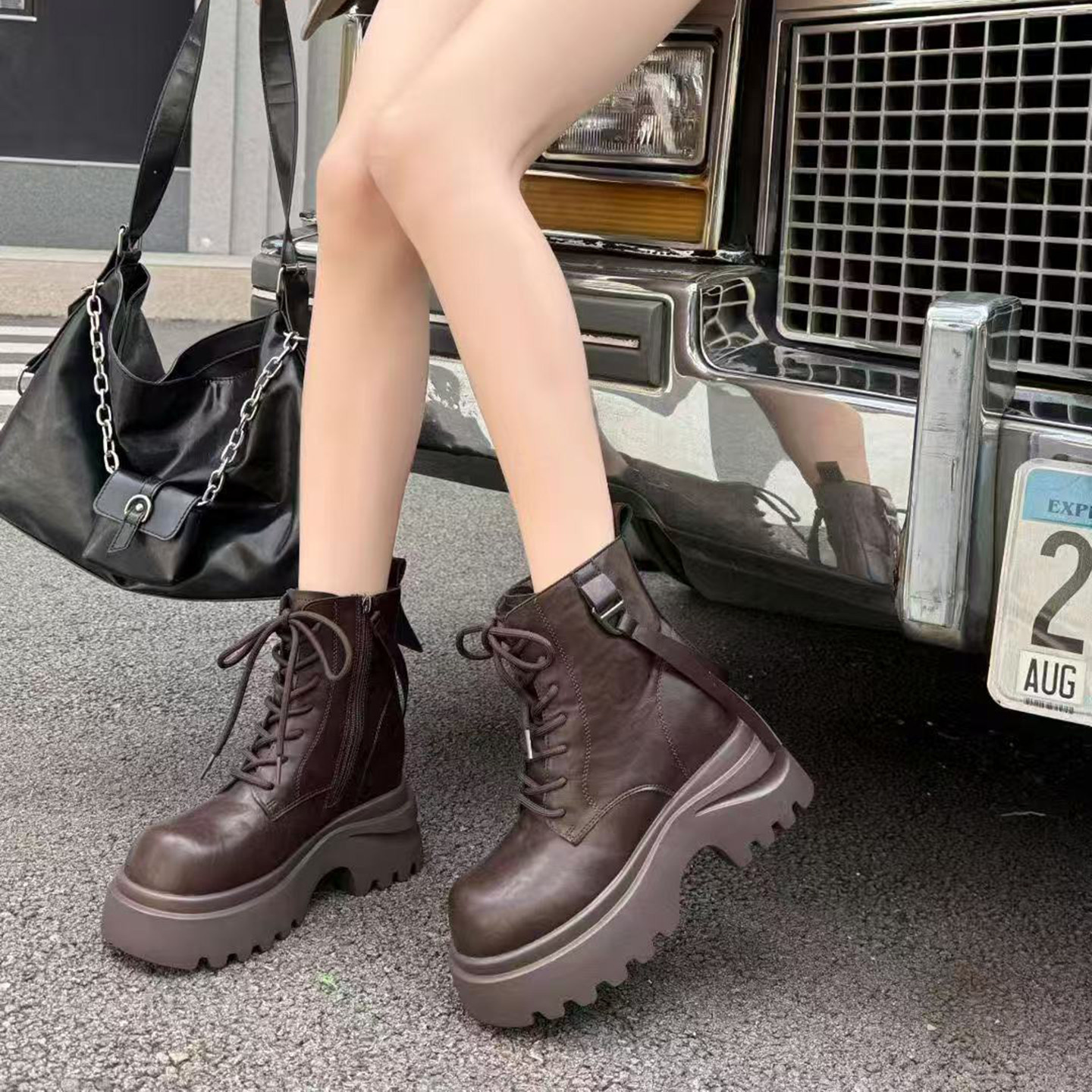 厚底高跟内增高12CM马丁机车靴女震地王秋冬新款休闲百搭加绒棉靴