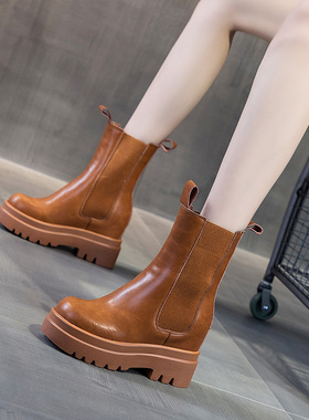 震地王2020春秋新款9cm小个子厚底英伦ins内增高街头真皮马丁靴潮