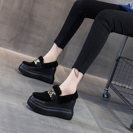 震地王羊羔毛加绒棉鞋女内增高ins甜美2020冬季新款9cm厚底豆豆鞋