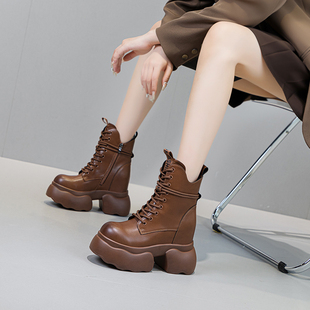 震地王短靴女2025新款 春秋单靴厚底真皮内增高12cm小个子马丁靴潮