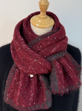 新年圣诞节首选～高版本红色混纱针织围巾女冬季加厚保暖毛线围脖