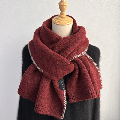 高级感韩系氛围感缝边安哥拉红围巾女冬季2024新款针织灰色围脖男
