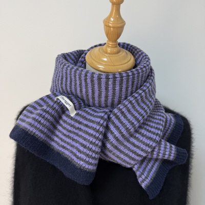 梦幻紫韩代高品质撞色条纹针织围巾女冬季保暖百搭学生情侣围脖男