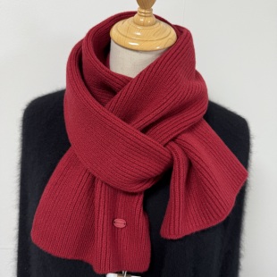 新年红氛围感100%澳洲羊毛针织围巾女冬季高级百搭纯色围脖情侣款