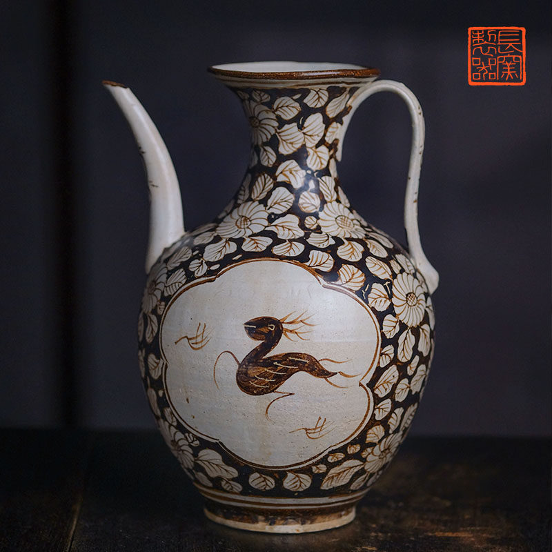长窑制器 仿宋吉州窑褐彩开窗鹿纹执壶 景德镇手工中式家用茶壶