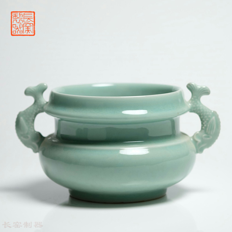 长窑制器 长物居 粉青釉摩羯双耳香炉 景德镇手工中式家居用摆件