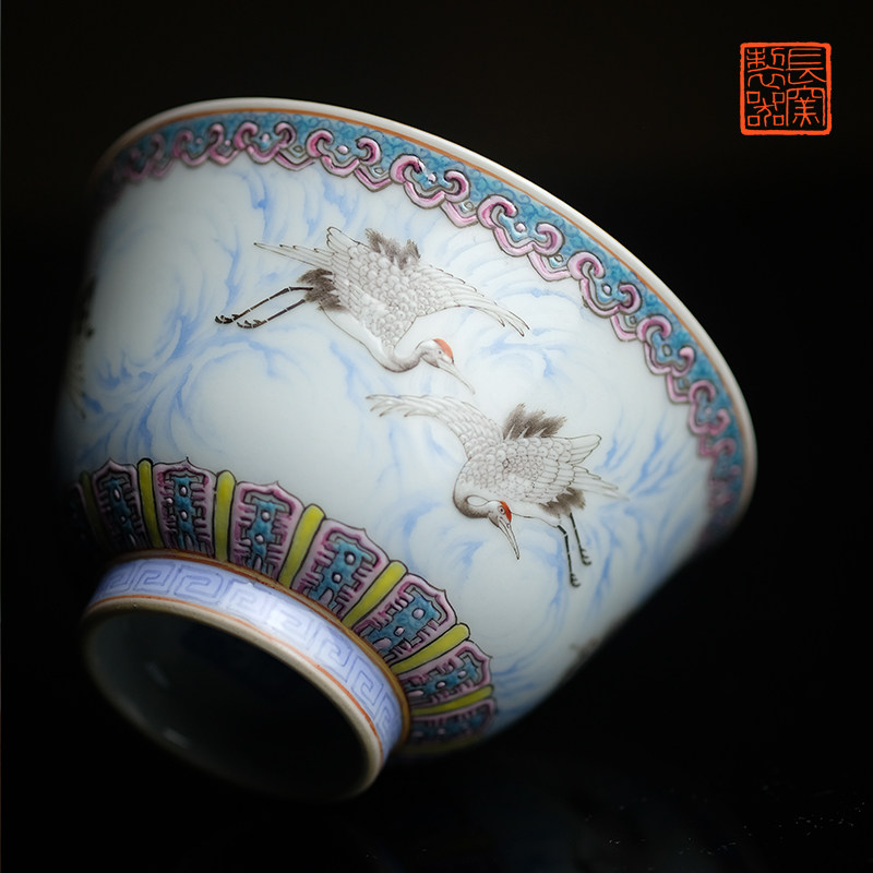长窑制器 仿雍正粉彩云鹤纹对杯 长物居家用中式单色釉仿古主人杯