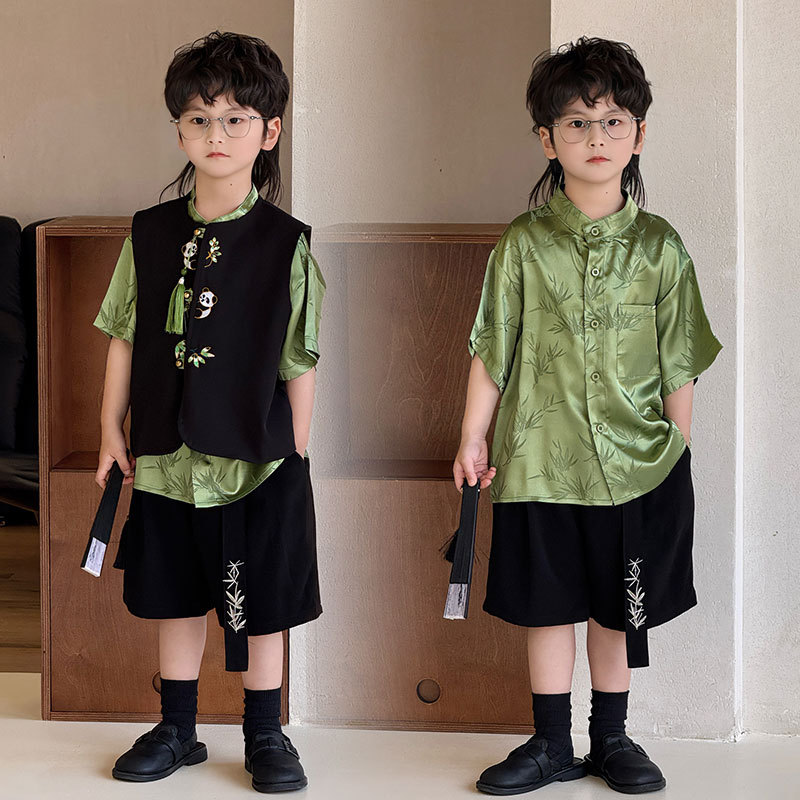 新中式刺绣马甲短裤提花衬衫套装2025夏款男童汉唐国风潮宝宝礼服