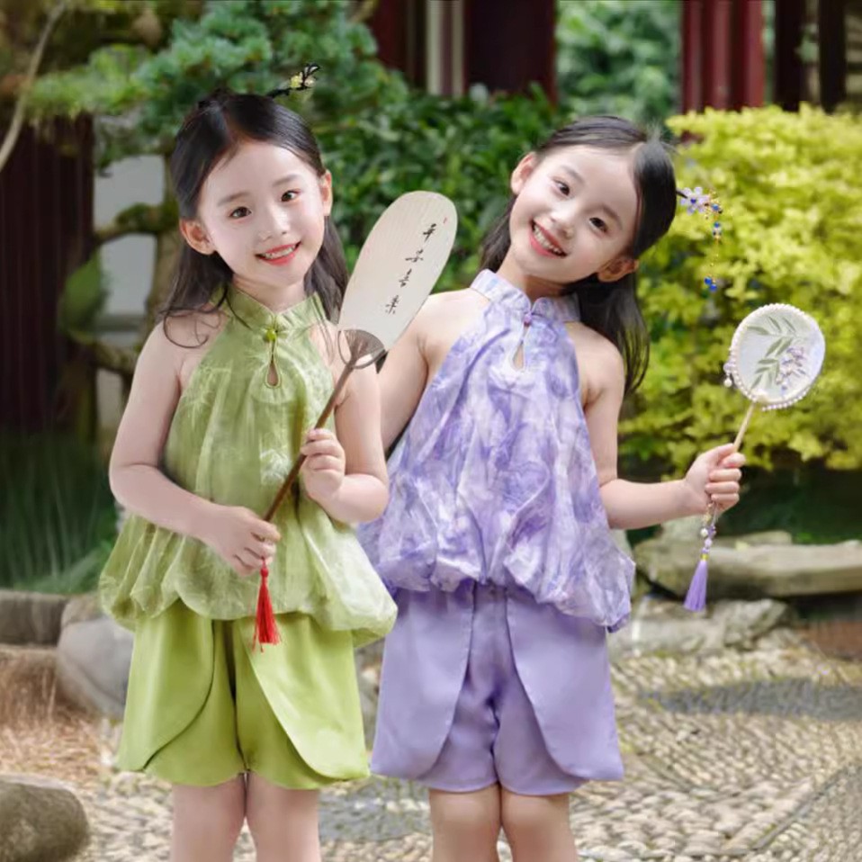 新中式夏装女童旗袍挂脖马甲短裤套装国风连衣裙洋气女孩周岁礼服