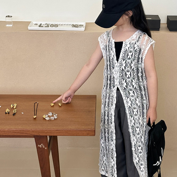 法式春夏潮流新款女童白色蕾丝网纱连衣裙时髦无袖打底长款包P裙