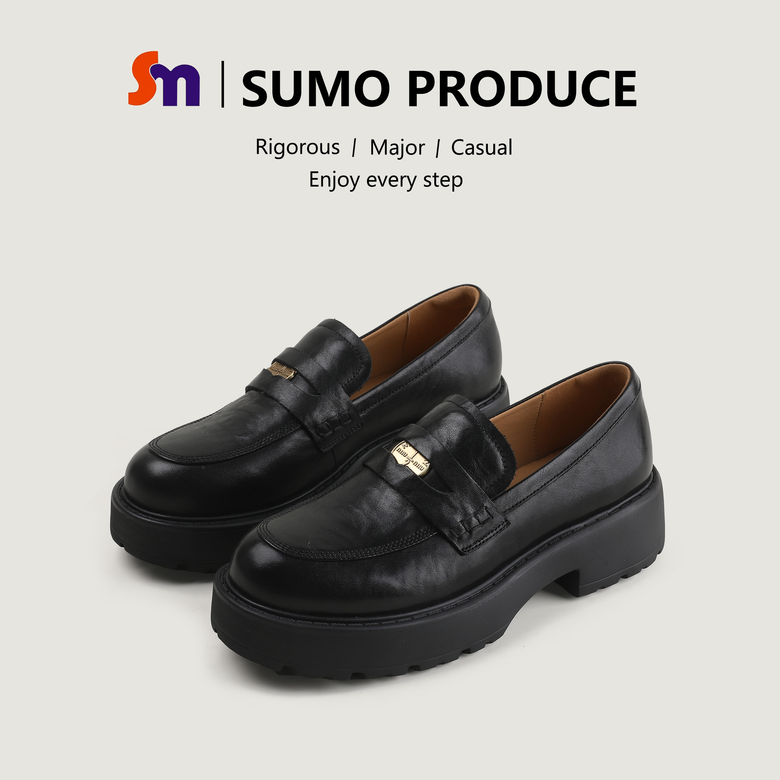 素陌复古港风乐福鞋真皮厚底单鞋金币时尚小皮鞋百搭秋圆头23367