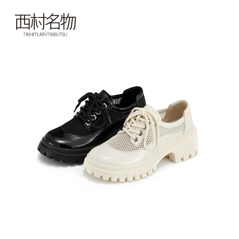 西村名物微瑕春季小皮鞋漆皮系带镂空网面粗跟中跟乐福19041