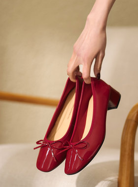西村名物（微瑕）时尚牛漆皮粗跟芭蕾舞鞋浅口单鞋女鞋11131