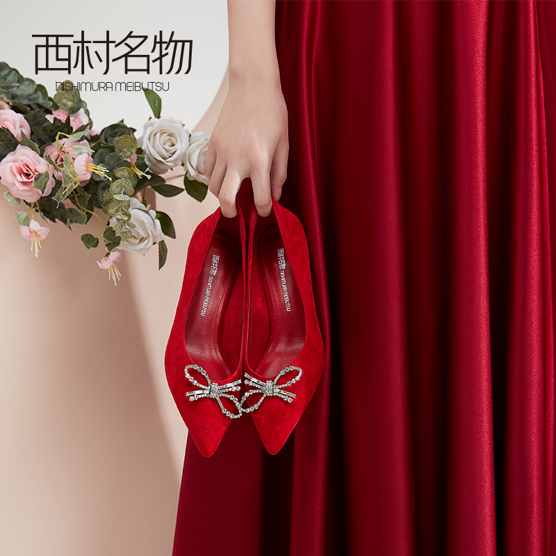 西村名物微瑕春夏款网红蝴蝶结不磨脚尖头黑色法式单鞋女11317