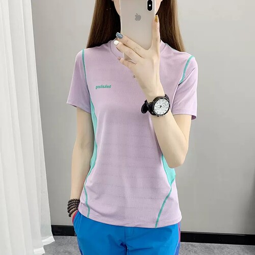 户外速干衣女圆领排汗透气跑步徒步弹力撞色拼接夏季快干短袖T恤