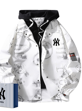 奥莱联名新款连帽假两件加绒夹克男士时尚袄子保暖衣服春秋季外套