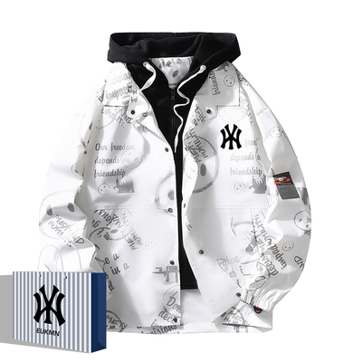 奥莱联名新款连帽假两件加绒夹克男士时尚袄子保暖衣服春秋季外套