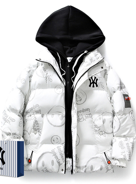 奥莱联名潮牌冬季白鸭绒羽绒服外套潮男青少年假两件加厚保暖冬装