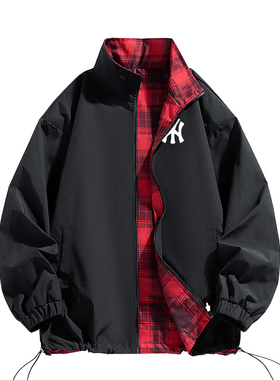 奥莱联名两面穿格子外套男士潮流上衣春秋季宽松百搭时尚休闲夹克