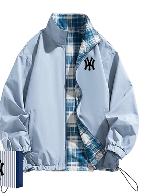 奥莱联名新款格子双面穿外套男士休闲宽松百搭潮夹克上衣时尚立领