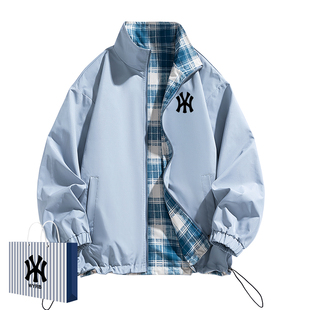 奥莱联名新款格子双面穿外套男士休闲宽松百搭潮夹克上衣时尚立领