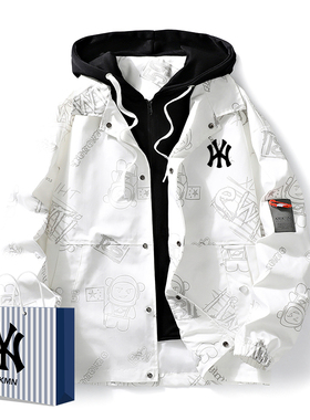 奥莱联名春秋季男士连帽假两件夹克学生美式宽松百搭新款外套男装