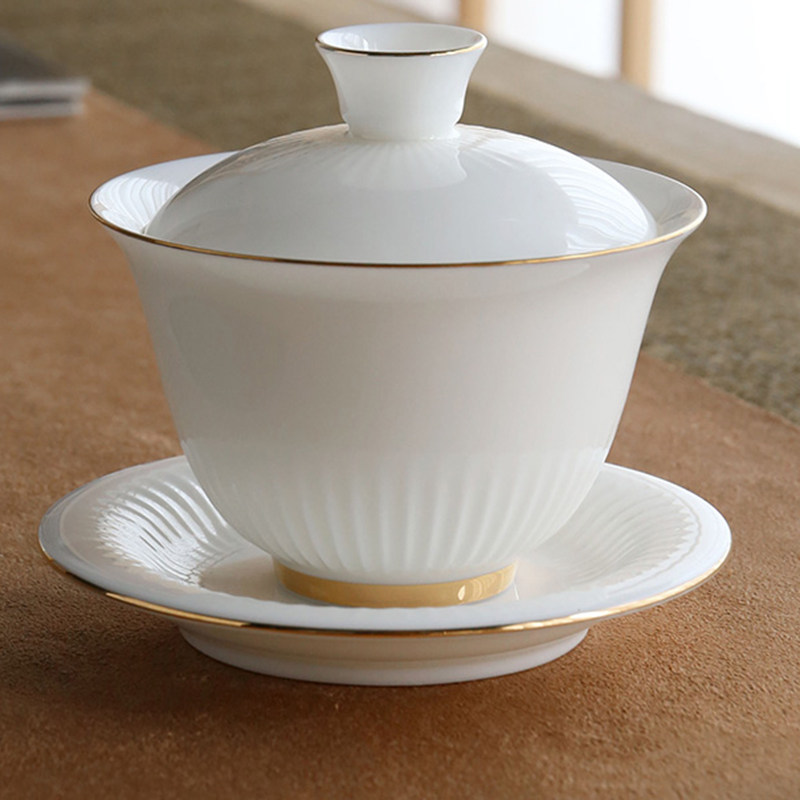 遇见 羊脂玉玄纹盖碗新款家用泡茶杯三才盖碗功夫茶具公道杯单品