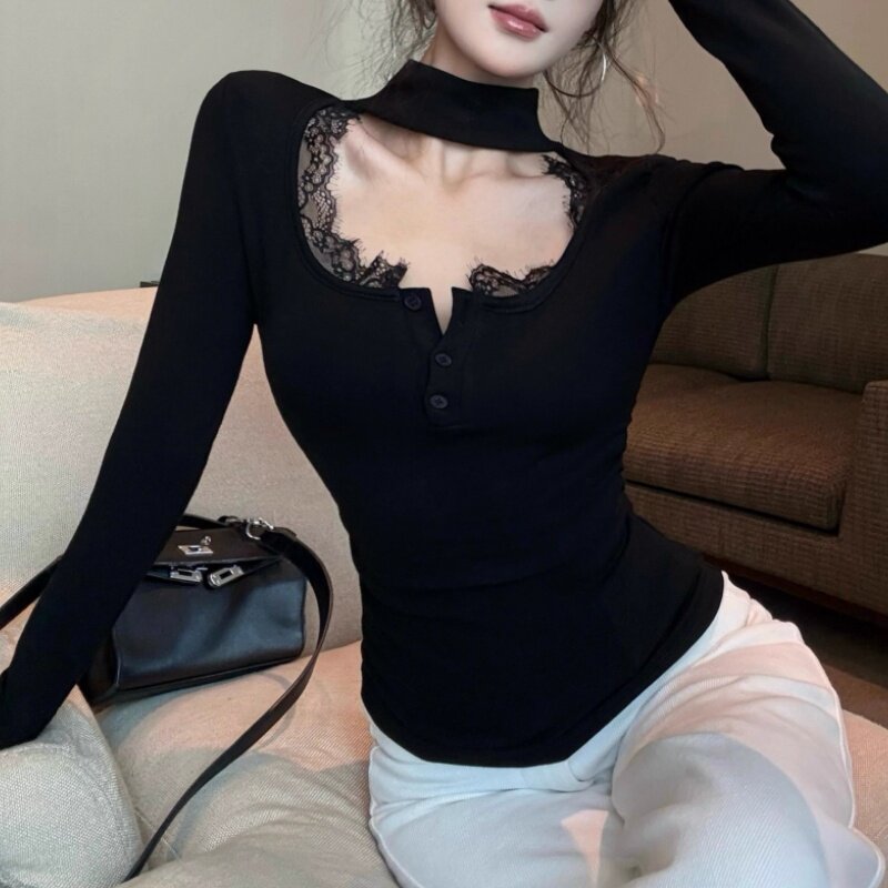 纯欲黑色蕾丝挂脖拼接长袖T恤打底衫女秋冬新款修身显瘦内搭上衣