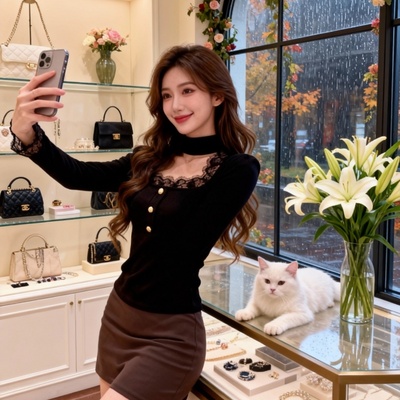 法式纯欲黑色挂脖修身长袖T恤